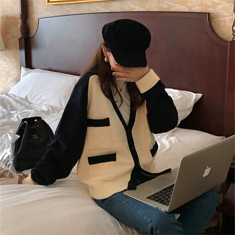 Sweater Jacket Female Gentle Japanese Retro Collision Color Knitted Cardigan Female Fall Peplum Loose