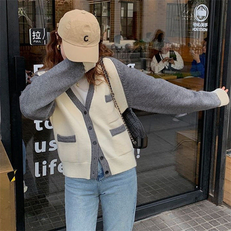Sweater Jacket Female Gentle Japanese Retro Collision Color Knitted Cardigan Female Fall Peplum Loose