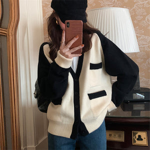 Sweater Jacket Female Gentle Japanese Retro Collision Color Knitted Cardigan Female Fall Peplum Loose
