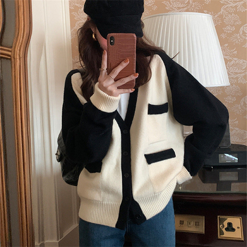 Sweater Jacket Female Gentle Japanese Retro Collision Color Knitted Cardigan Female Fall Peplum Loose