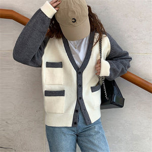 Sweater Jacket Female Gentle Japanese Retro Collision Color Knitted Cardigan Female Fall Peplum Loose